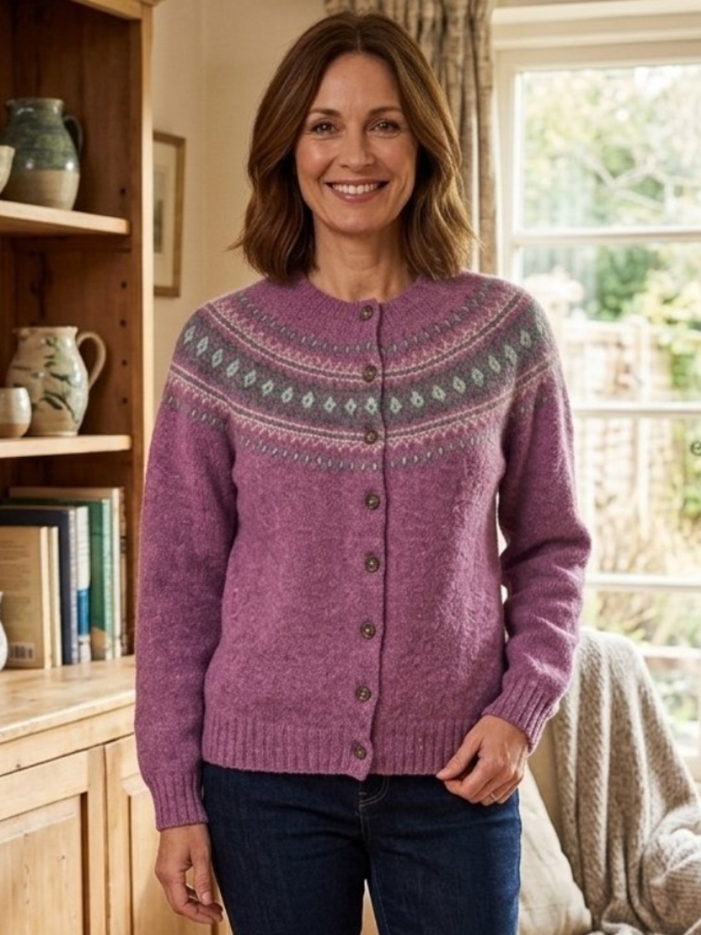 O’Connell’s Fair Isle Wool Cardigan Sweater Scotland Shuna Heather Purple L